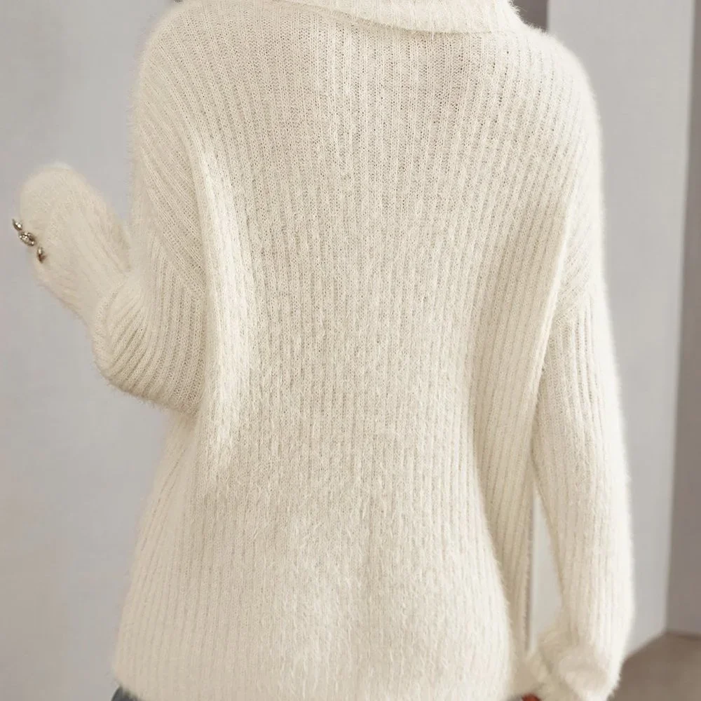 White Preppy Womens Turtleneck Drop Shoulder Sweater - Picture 2 of 5